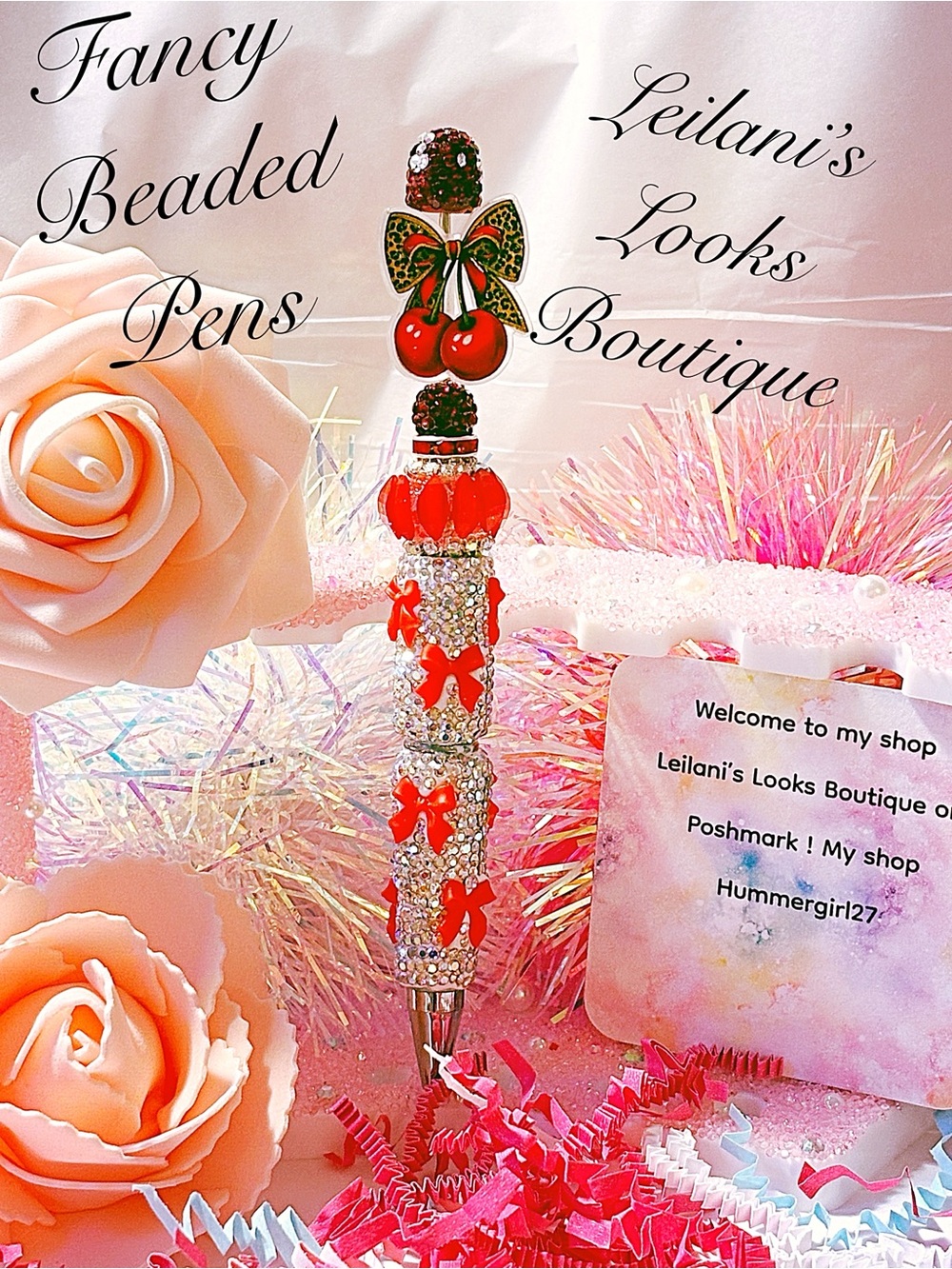 Fancy Beaded Red Decorative Pen /
 Fancy beaded Pen/gifts/cherrys/leopard bow